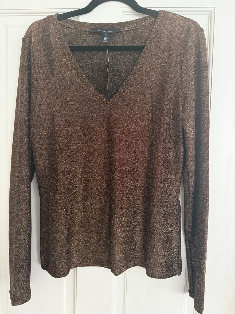 White House Black Market Metallic Bronze V-Neck Sparkle Knit Top